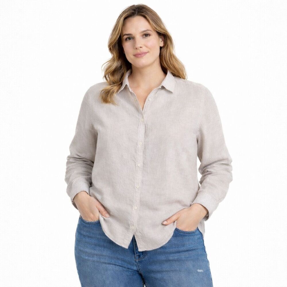 Sigrid Olsen Linen Shirt Size Large Light Beige Long Roll Tab Sleeve EUC